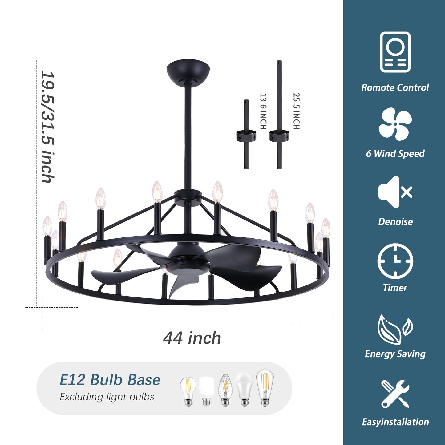 COCOSTAR 44" Black Wagon Wheel Chandelier Farmhouse Ceiling Fan with Light and Remote,16-Lights Large Fandelier with Candle,Rustic Big Light Fixture for Living Room Kichen Dining Room
