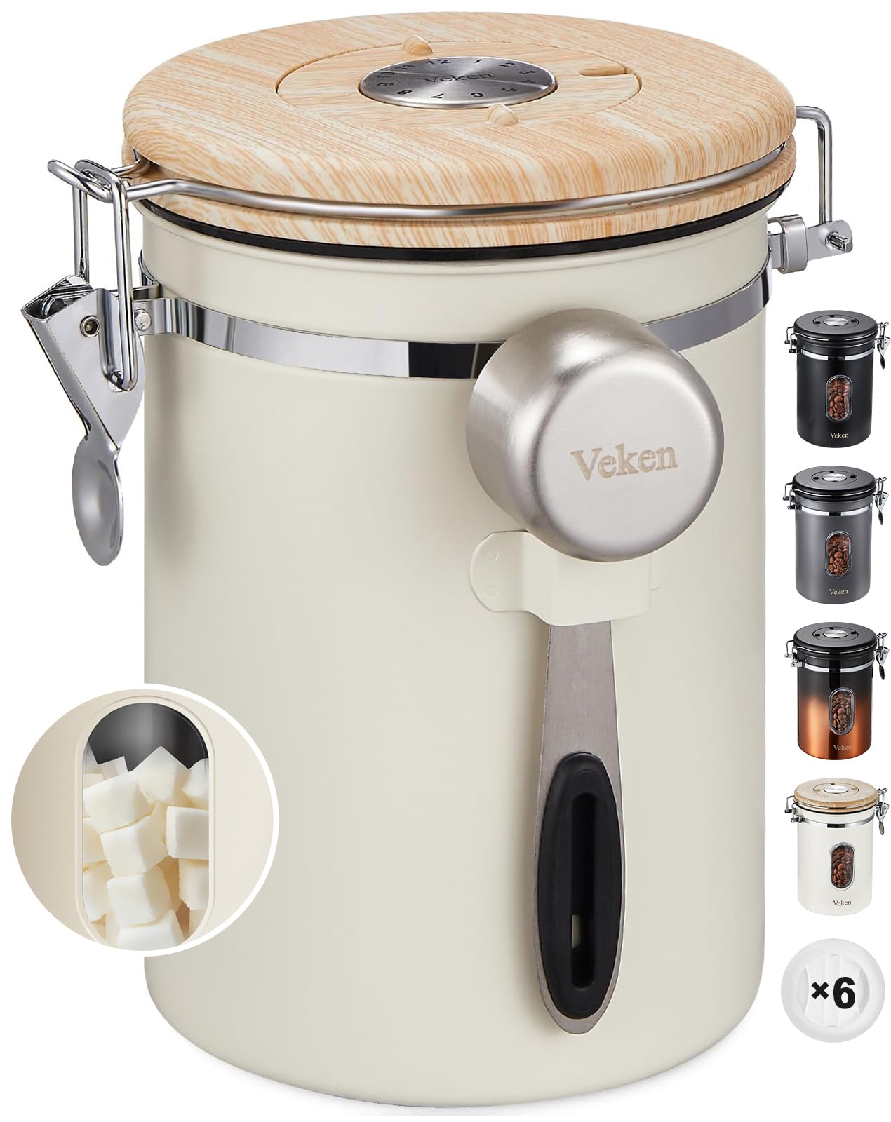 Veken Coffee Sugar Canister with Window, Mothers Day Gifts For Women,Airtight Stainless Steel Kitchen Food Storage Container, Date Tracker & Scoop for Grounds Coffee, Beans,Tea,Flour,Cereal,22OZ,Cream