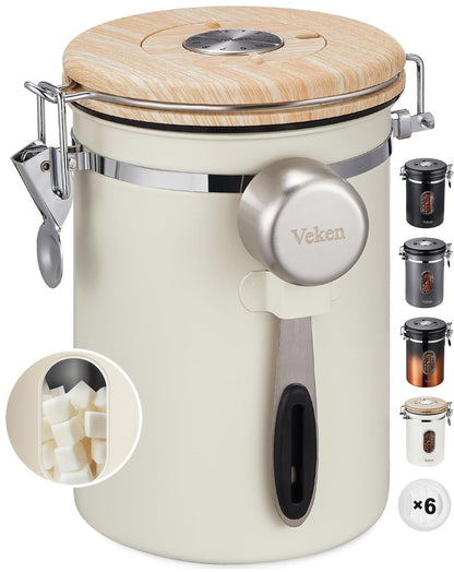 Veken Coffee Sugar Canister with Window, Mothers Day Gifts For Women,Airtight Stainless Steel Kitchen Food Storage Container, Date Tracker & Scoop for Grounds Coffee, Beans,Tea,Flour,Cereal,22OZ,Cream