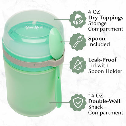 Goodful Double Wall Insulated Yogurt Container - Leak Proof Snack Container with Reusable Spoon, 14-Ounce, Green