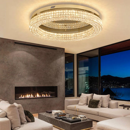 ykolupty 40'' Crystal Chandelier for Living Room Large Chandeliers for Living Room Crystal Flat Mounted Ceiling Lights Dining Room Bedroom Dimmable 2700-6000K (Gold Chandelier)