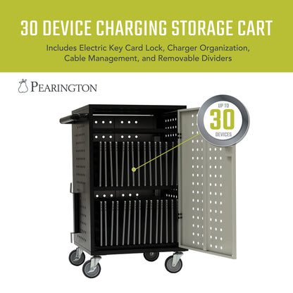 Pearington 30 Device Charging Cart with Electric Key Card Lock, Charger Organization, Cable Management, Laptop-Chromebook Charging Mobile Storage Station, Black and Grey