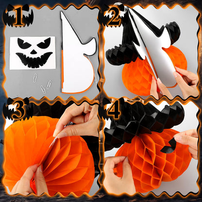 Fourluoo 6 Pcs Large Halloween Pumpkin Witch Hat Honeycomb Centerpieces 9.84 x 11 Inch Thanksgiving Paper Honeycomb Decorations 3D Table Decor for Fall Tailgate Party
