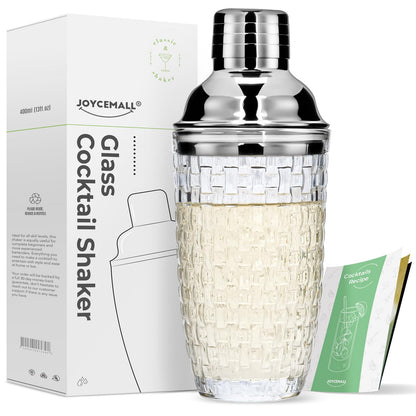 JOYCEMALL 13 oz Glass Cocktail Shaker - Leakproof Shaker Set with Metallic Steel Lid & Built - in Strainer, Professional Bar Mixing Set for Martini, Whiskey, Margarita and More Drinks - Silver