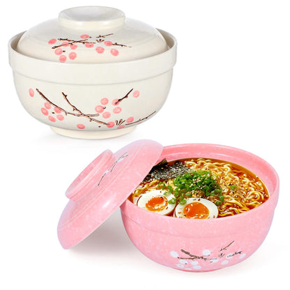 mekueeex 2 Pack Ceramic Ramen Noodle Bowl, 27 OZ Big Ramen Bowl with Lid, Japanese Hand-Painted Ceramic Tableware, Durable Floral Soup Bowl for Noodles, Porridge, Rice, Dishwasher Safe(Pink, Beige)