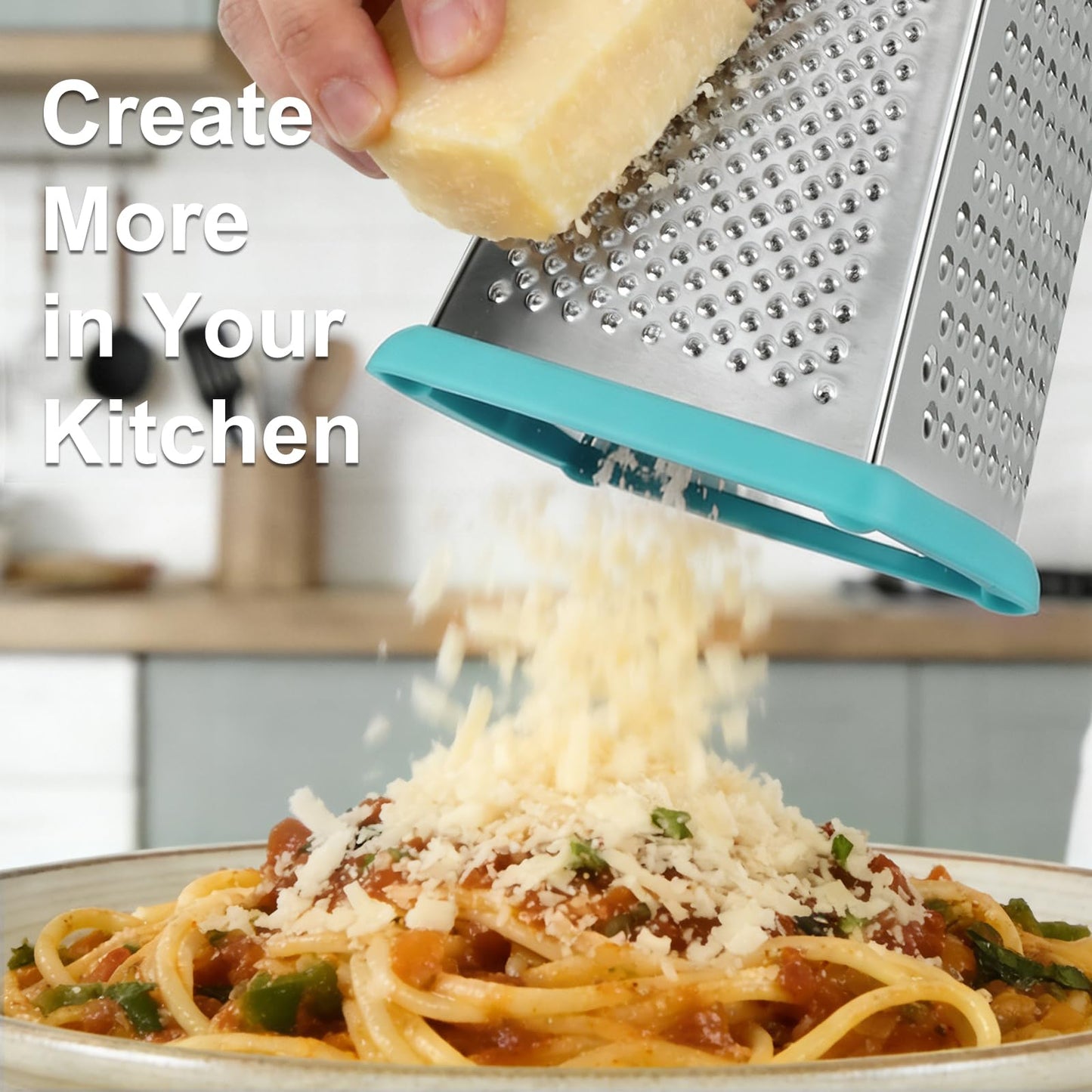 Ourokhome Cheese Grater with Handle, Stainless Steel Box Grater, 4 Side Kitchen Vegetable Shredder Slicer Zester with Container for Parmesan, Cabbage, Ginger, Lemon, Chocolate, Coconut (Teal)