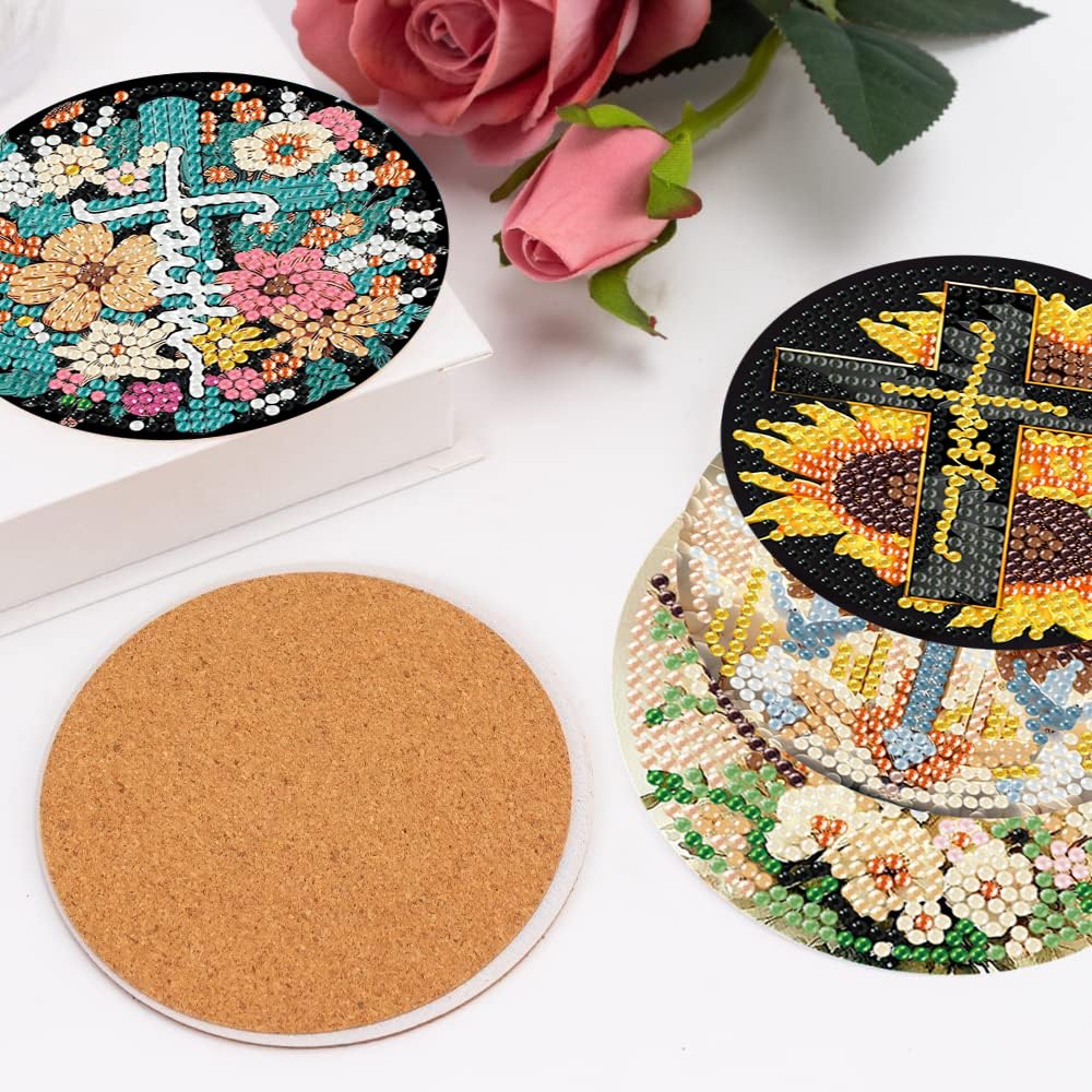 igoodom 8 Pcs Cross Diamond Art Coasters Kit with Holder, DIY Cross Diamond Painting Coasters for Beginners Adults, Non Slip Diamond Art Kits Craft Supplies 4x4inch