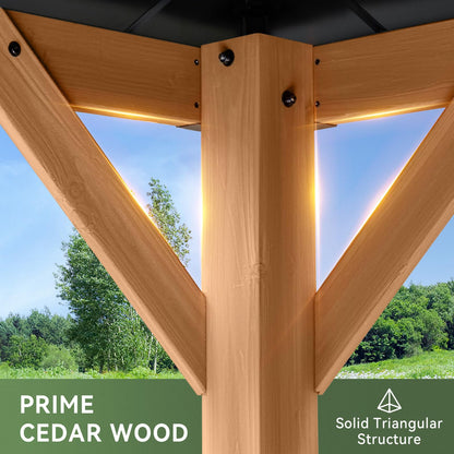 Aoxun 10' x 12' Outdoor Wood Gazebo, Hardtop Gazebo Permanent Wooden Pavilion with Galvanized Steel Double Roof, for Patio, Garden, Deck, Cedar Wood, Natural