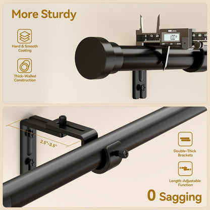 YaFex Curtain Rods - Heavy Duty 1 Inch Adjustable Window Treatment Rods | 32-118 Inch, Modern Black Design
