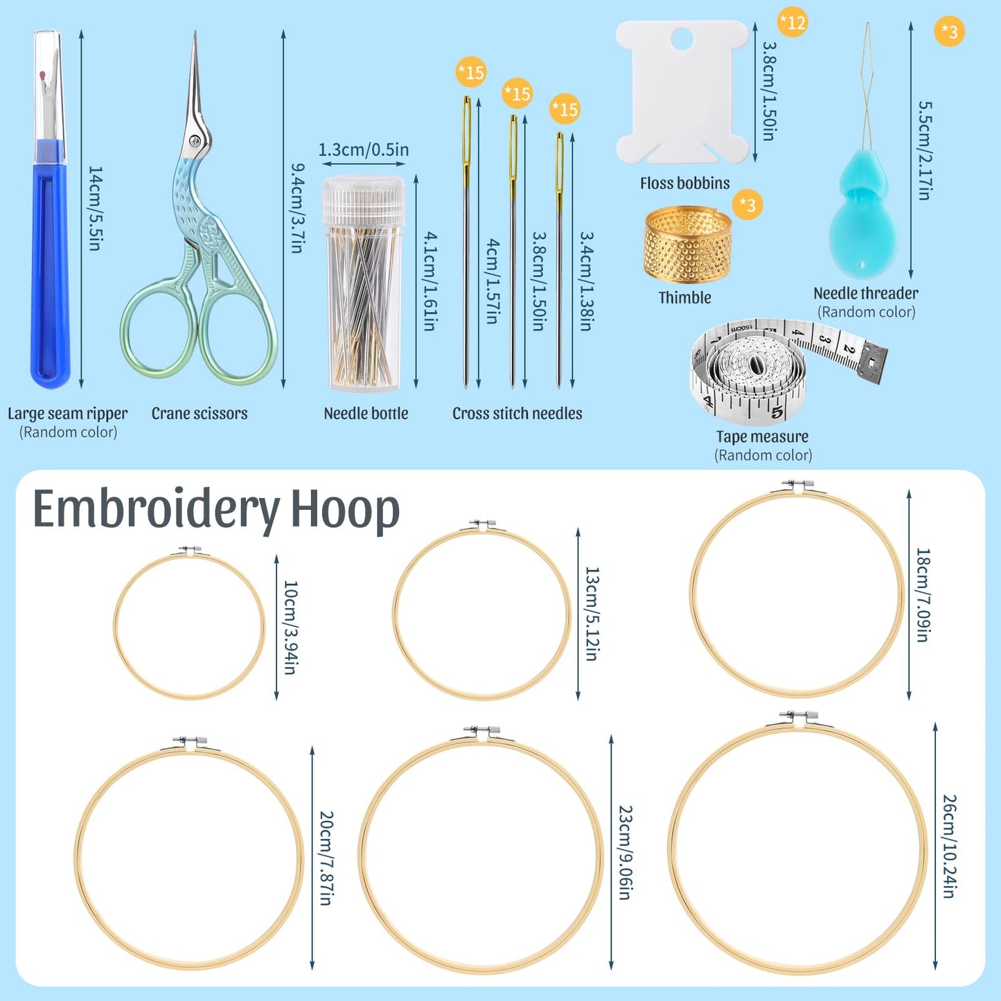 ZXIIXZ 72 Pcs Cross Stitch Supplies, Embroidery Kit for Beginners with Cross Stitch Hoops Needles Embroidery Scissors Floss Bobbins Seam Ripper for Adults, Embroidery Tools DIY Supplies
