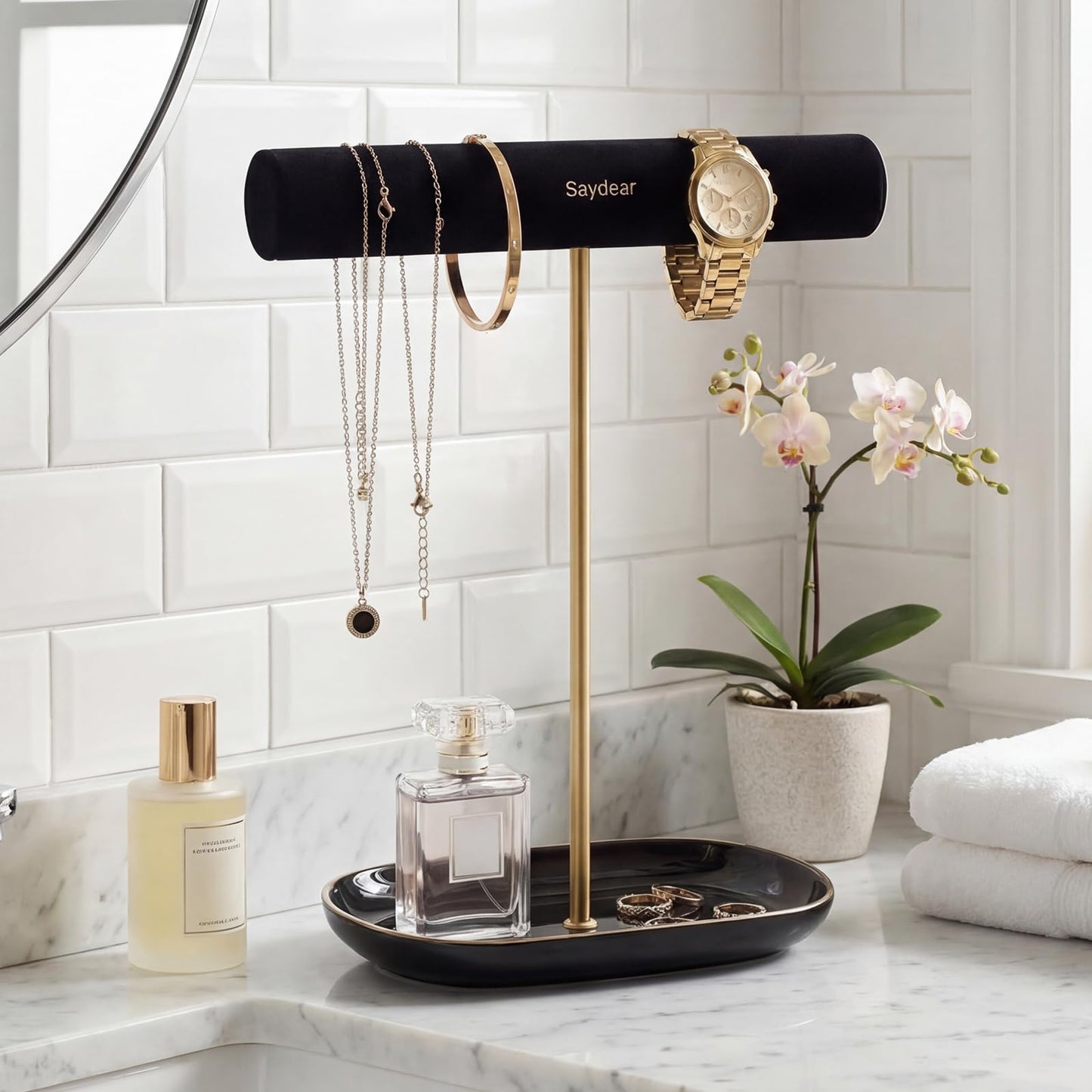 Saydear Velvet Jewelry Organizer Stand, T-Bar Necklace Holder with Ceramic Ring Dish Tray, Watch & Bracelet Display Organizer for Vanity, Dresser, Nightstand, Luxury Gift for Women Black