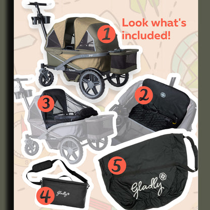 Gladly Family Anthem 4 Quad All-Terrain Wagon Stroller Adventure Bundle, Forest