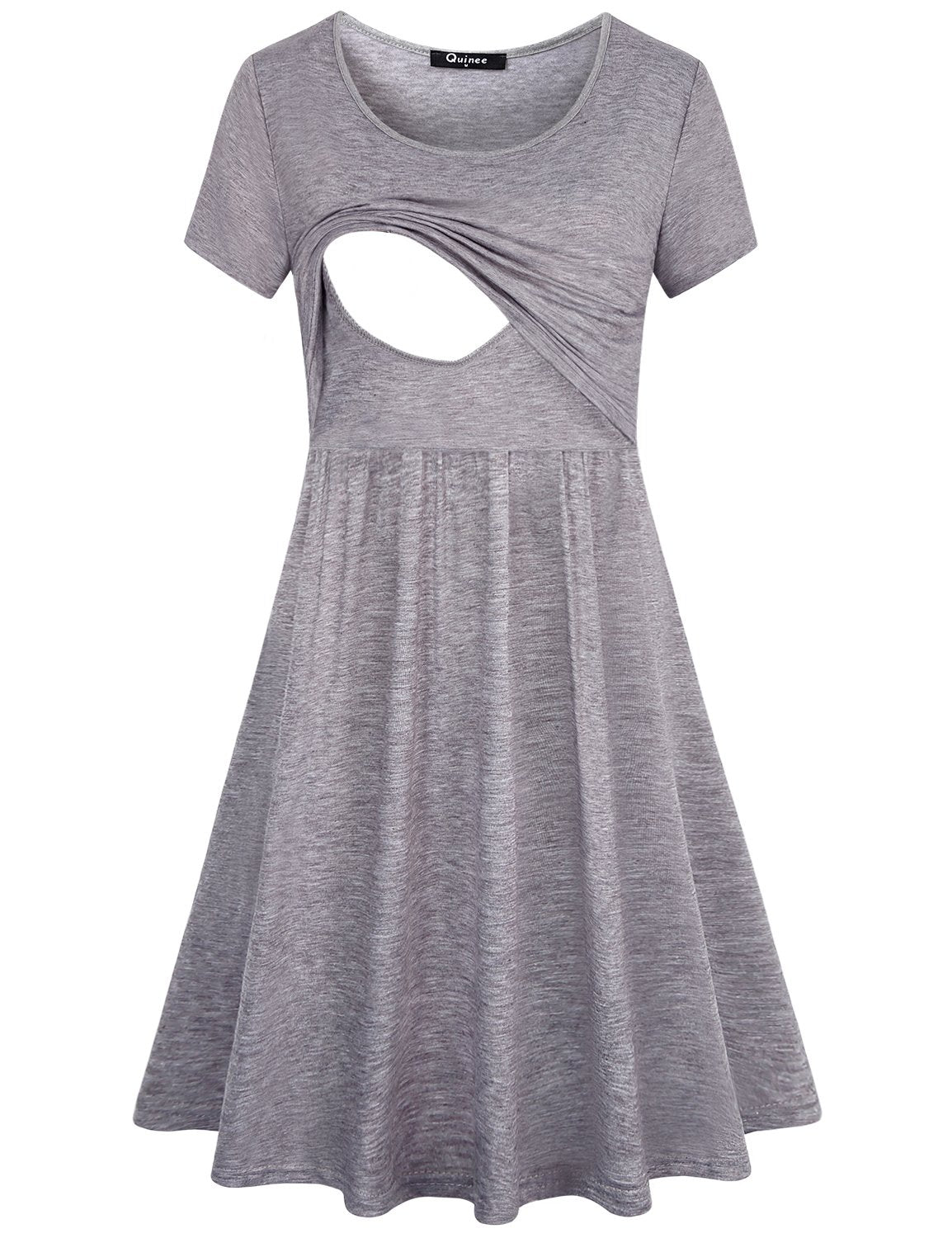 Quinee Nursing Outfit,Ladies Short Sleeve Round Neck Summer Casual Cotton Breastfeeding Friendly Dress for Baby Shower Comfy Easy Fit Pleats 2XL Large Oversize Maternity Tunic Grey XXL