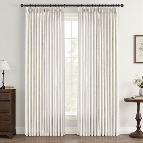 90 inch Pinch Pleated Linen Curtains for Living Room Bedroom Natural Ivory Birch Boho Country Thick Linen Textured Light Filtering Pinch Pleat Drapes Back Tab Semi Sheer Window Curtain 2 Panels