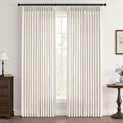 90 inch Pinch Pleated Linen Curtains for Living Room Bedroom Natural Ivory Birch Boho Country Thick Linen Textured Light Filtering Pinch Pleat Drapes Back Tab Semi Sheer Window Curtain 2 Panels
