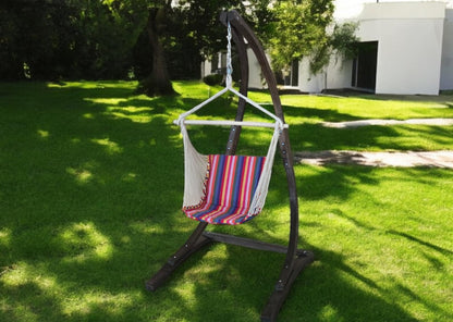 Petra Leisure 7 Ft. Wooden Arc Chair Stand with Hanging Chair - Cozy Swing for Home & Garden Relaxation. 265LB Weight Capacity (Coffee Stain + Red Stripe)