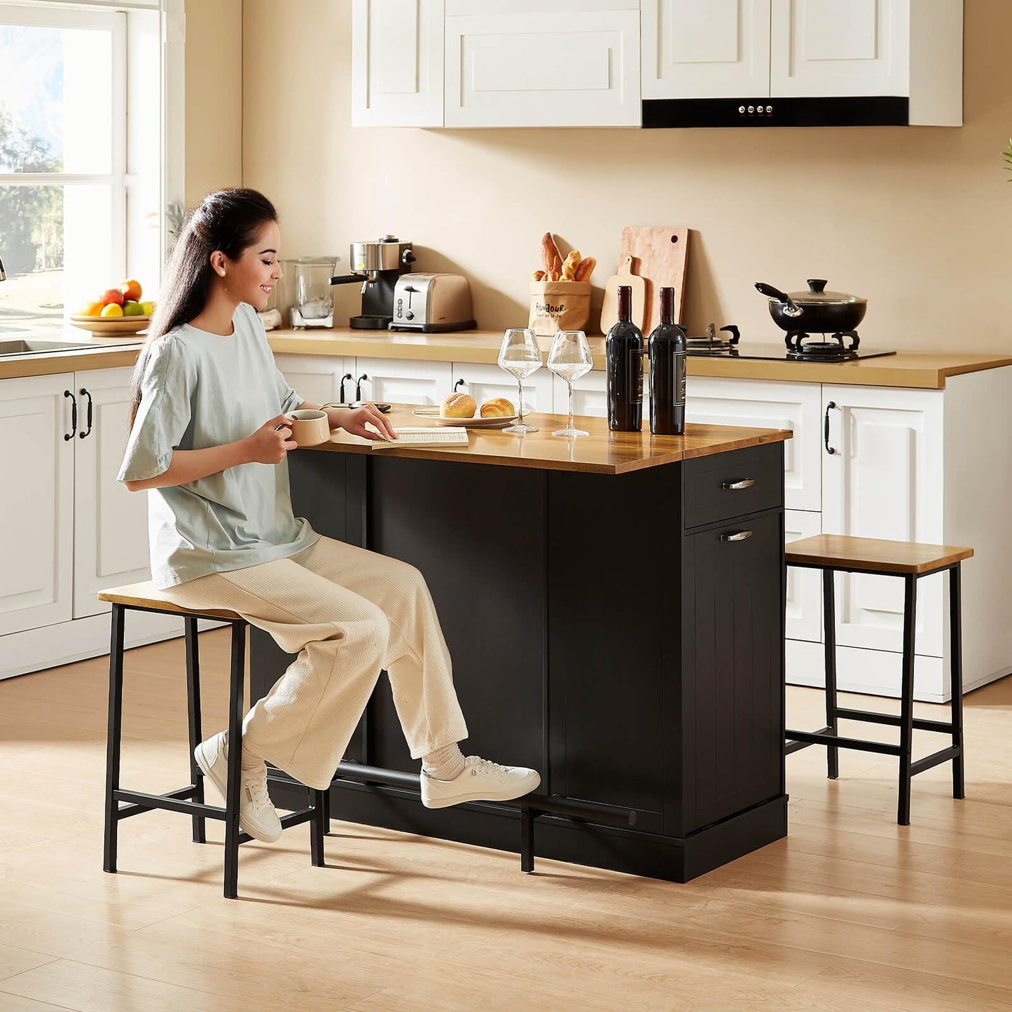 ONBRILL Stationary Kitchen Islands Include 2 Chairs, 47" Kitchen Island with Drop Leaf, Home Bar Table with Spice Rack & with Trash Cabinet, Island Table for Dining Room with Power Outlet, Black