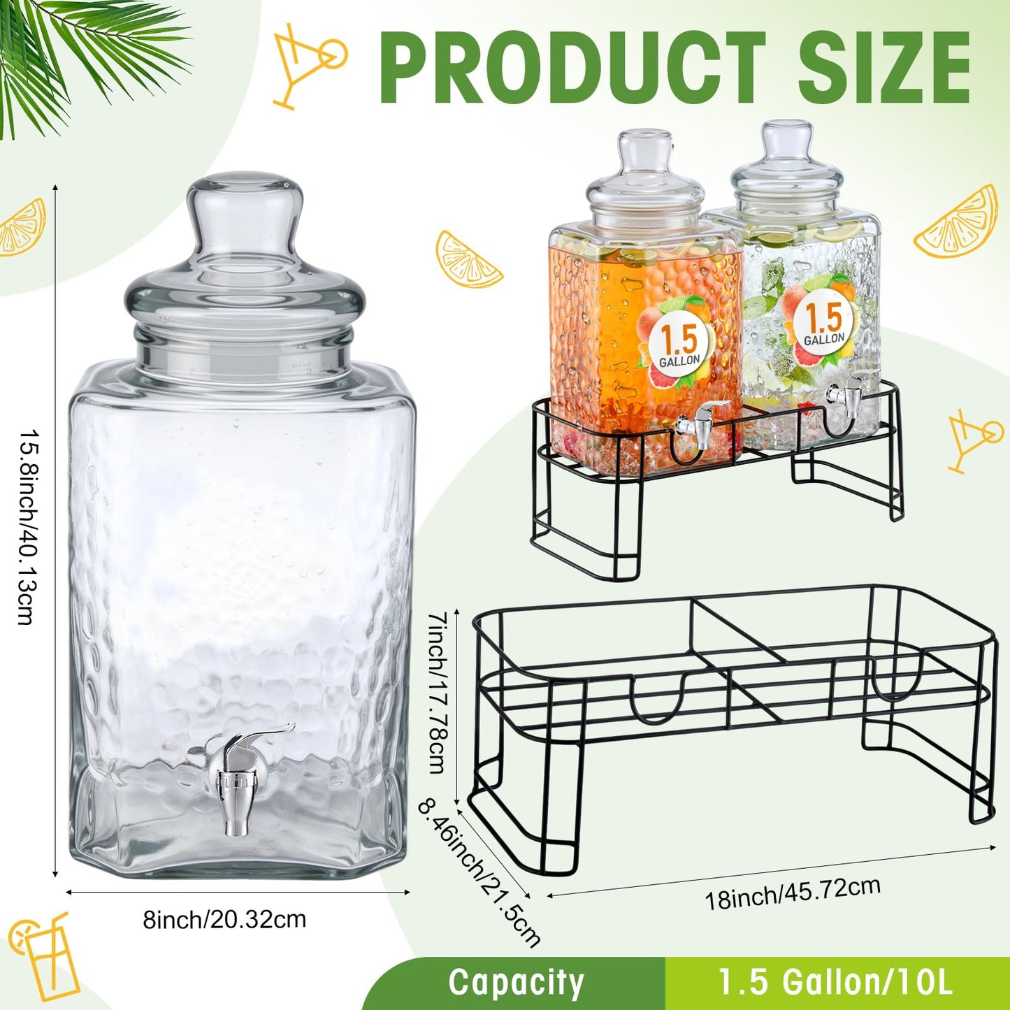 Honeydak 1.5 Gallon Glass Beverage Dispenser with Stand Stainless Steel Spigot Glass Lid Clear Iced Juice Container Leakproof Drink Dispenser Countertop Lemonade Water Jar for Wedding Party (2 Pack)
