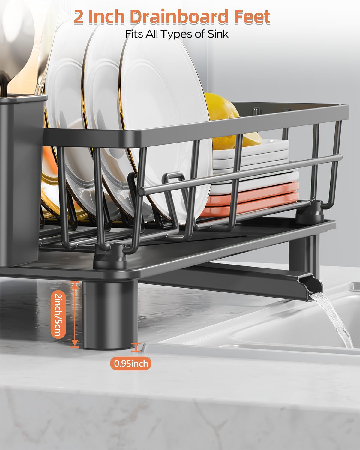 LIONONLY Dish Drying Rack for Kitchen Counter, Stainless Steel Drainer Anti Rust, Smart Drainage System Drainboard with Detachable Cutlery Holder, Handwash Dish Helper for Home, Apartment Space Saving