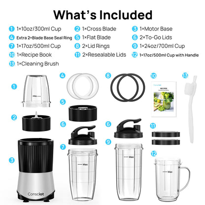 Consciot CB08 11-Piece Blender for Kitchen and Personal Size, Blend Shakes and Smoothies, Frozen Drinks, Baby Food, Spreads & More, 3 Portable To-Go Cups & 2 Spout Lids & 1 Solid Lid, 900 Peak Watts