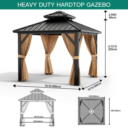 10'x10' Hardtop Gazebo, Heavy Duty Aluminum Permanent Hardtop Gazebo Outdoor Pavilion with Curtains and Netting for Garden