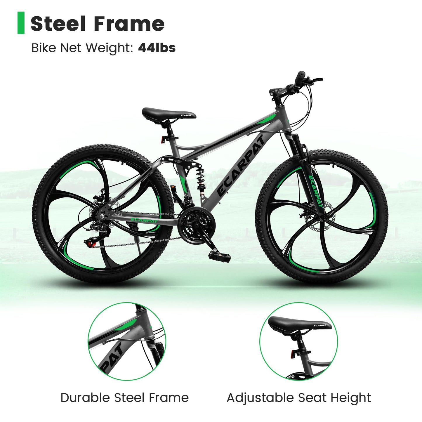 Rycheer Ecarpat 26 Inch Mountain Bike Full Suspension, 21 Speeds Dual Disc Brake, 6 Spokes Men Women Mountain Bike, Durable Carbon Steel Bicycle, Adult Trail Beach Snow Commuter City Bikes
