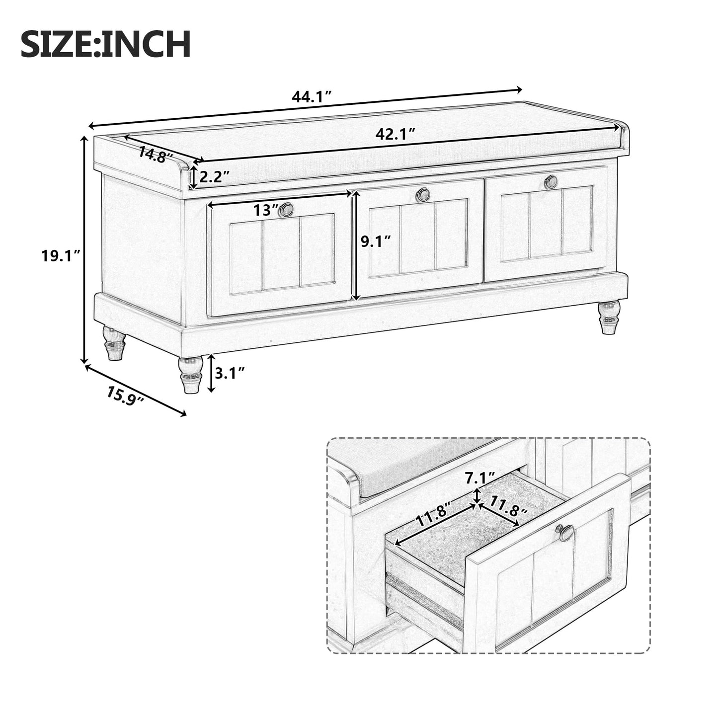 Merax Classic Storage Bench with Cushioned Seat and Three Drawers for Entryway & Living Room & Bedroom, Light Gray
