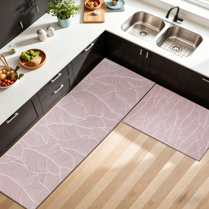 CHKYUZEN PVC Foam Anti Fatigue Printed Kitchen Mat and Rug, Foot Comfort, Anti Slip, Stain Release, Set of 2pcs (17"x30" & 17" x47), (2pc Set, Leaf Design)