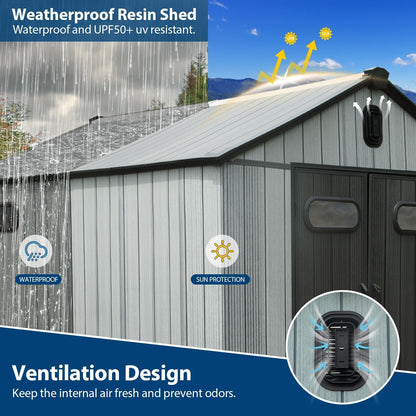 Domi 8x14Ft Resin Outdoor Storage Shed, Plastic Garden Shed with Carpet, Outside Weatherproof Storage Building for Tools, Bike, Lawn Mower, Patio, Backyard