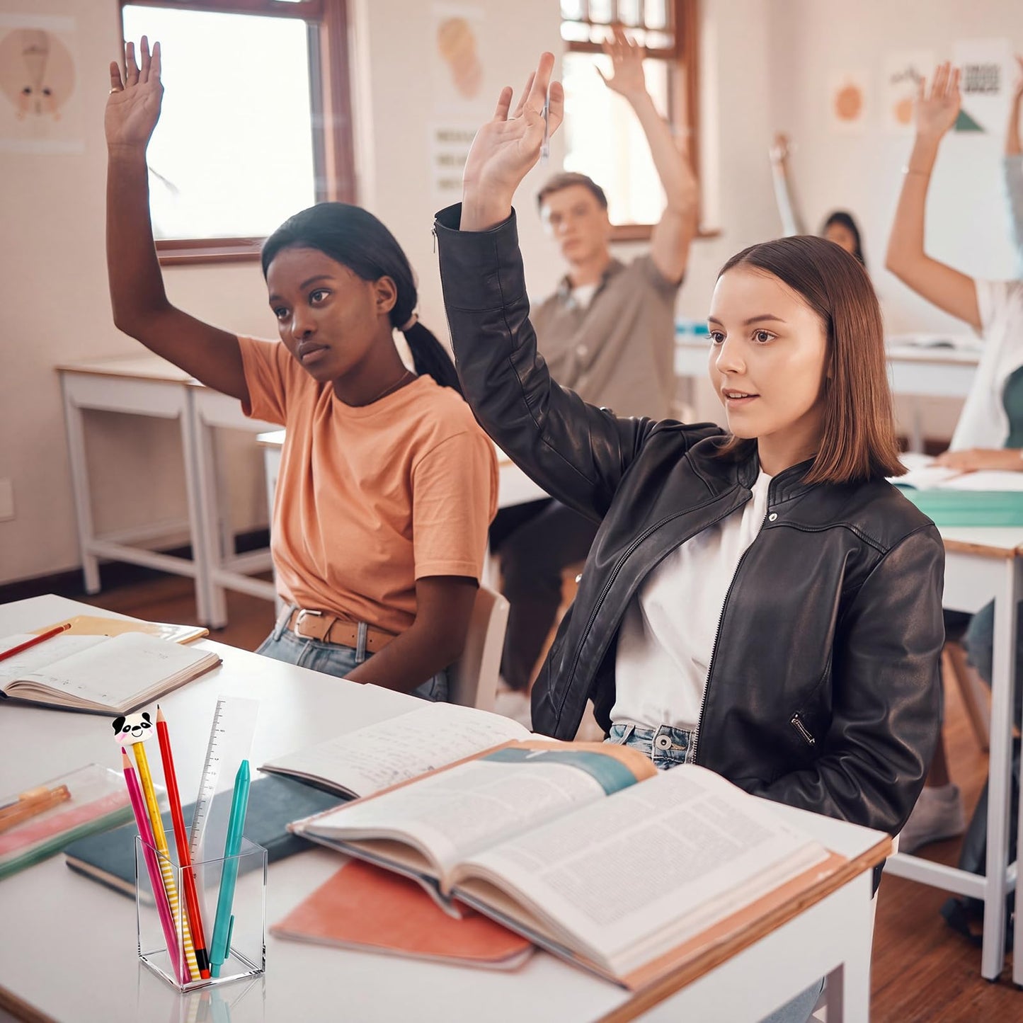Wovnet 50 Pack Clear Acrylic Pencil Pen Holder Cup Square Makeup Brush Storage Organizer Bookmark Hairbrush Fork Holder 2.6 x 2.6 x 3.5 Inch Desktop Stationery Organizer Accessories for Office Home