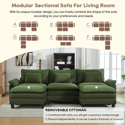 IPKIG 117" Sectional Sofa Cloud Couch, Modern Corduroy U-Shaped Couch Comfy Upholstered 3-Seat Sofa with 2 Ottoman, 3 Lumbar Pillow, Deep Seat Modular Sofa for Living Room, Apartment, Studio, Green