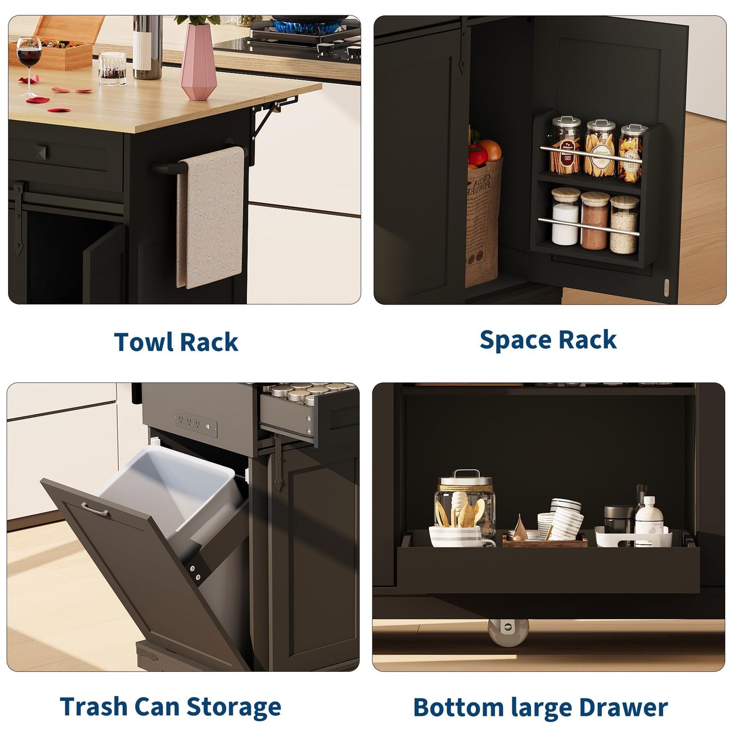 Large Rolling Kitchen Island with Power Outlet, Mobile Kitchen Cart on Wheels with Drop Leaf, 3 Drawers, Trash Can Storage, Spice Rack, Towel Holder, Kitchen Island Table for Dining Room, Home, Black