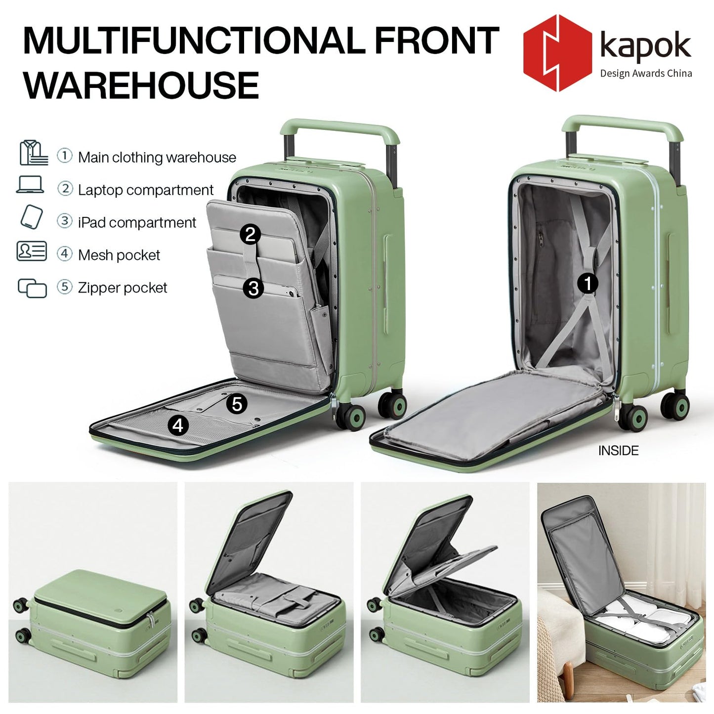 mixi Carry On Luggage Wide Handle Luxury Design Rolling Travel Suitcase PC Hardside with Aluminum Frame Hollow Spinner Wheels, with Cover, 20 inch, Avocado Green