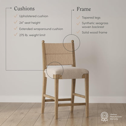 Nathan James Cove Seagrass Counter Stool Wood Upholstered Bar Stool with Natural Flax Cushion and Seagrass Backrest, Light Brown