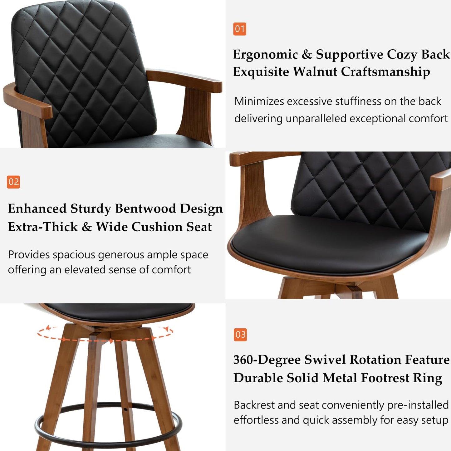 Set of 2 Bar Height Bar Stools - 29.12 inch Swivel Bar Stools with Curved Back and Arms, Walnut Craftsmanship, Upholstered Seat, Mid Century BarStools for Bar/ Pub/Island/Cafe (29" Seat Height, Black)