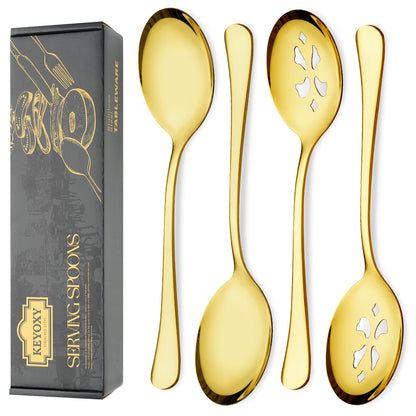 Keyoxy 4 Piece Stainless Steel Serving Spoon Set - 2 Large, 2 Slotted,Dishwasher Safe,10-Inch,Gold, for Parties/Kitchen/Buffet/Catering