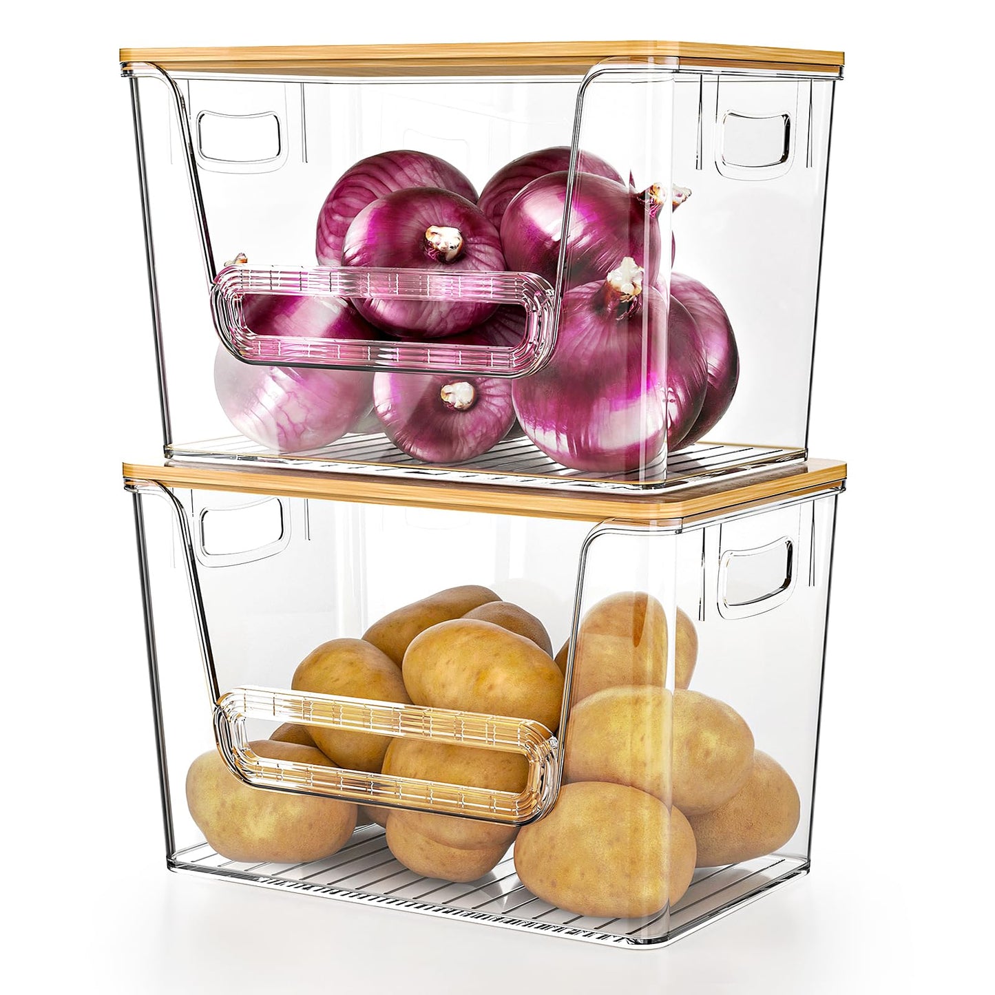 Delamu 2 Set Pantry Organizers and Storage, Trash Bag Holder Under Sink Organizer for 4-13 Gal Bags, Trash Bag Dispenser with Bamboo Top for Onion, Potato, Garlic, Clear (11-7/32"L*7" W*7-1/8"H)
