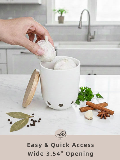 LEETOYI Ceramic Garlic Keeper for Counter, Garlic Holder with Wood Lid, Garlic Container for Kitchen, Garlic Saver to Keep Your Garlic Cloves Fresh Longer (White)