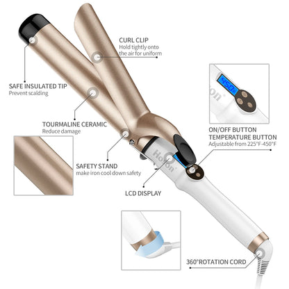 Hoson 1 Inch Curling Iron Professional Ceramic Tourmaline Coating Barrel Hair Curler, LCD Dispaly with 9 Heat Setting(225°F to 450°F for All Hair Types, Glove Include)