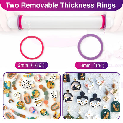 WECLAYER Clay Roller with Thickness Rings and 16" x 12" Silicone Clay Mat with Measurement,Oven-Safe Work Mat with Texture,Reusable Silicone Non-skid Pad,Clay Rolling Pin,Polymer Clay Tools