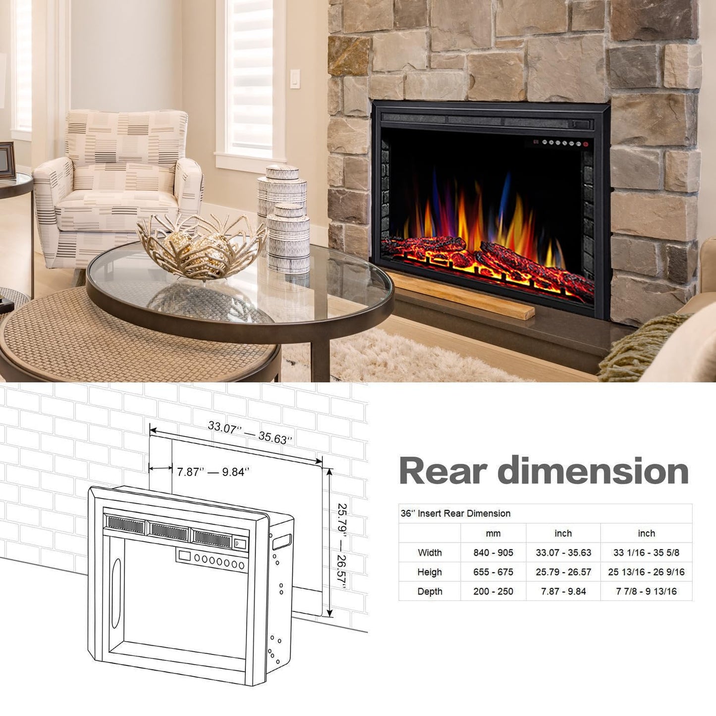 ELECTACTIC 36" Electric Fireplace Insert,Recessed Electric Stove Heater,Touch Screen,Remote Control,750W-1500W with Timer & Colorful Flame Option (36" X 27")