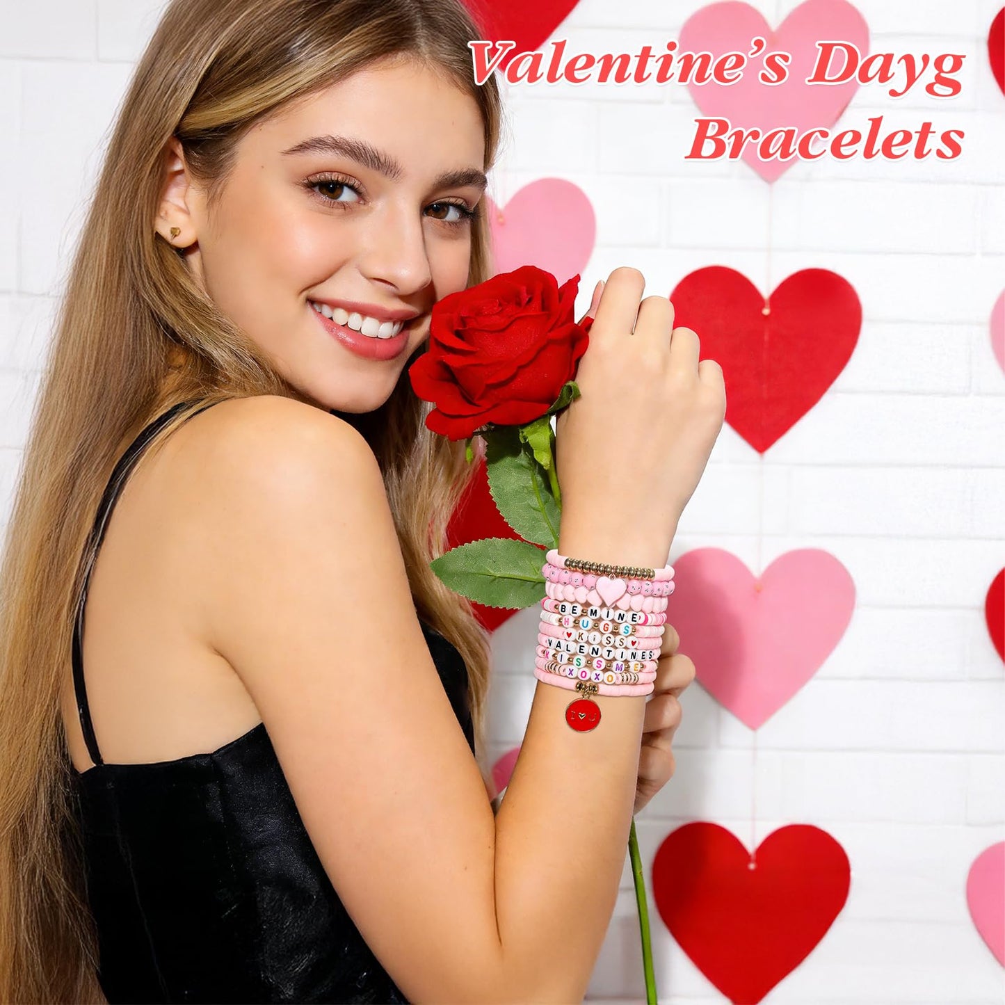 Tinrbip 40 Pcs Valentines Bracelets Kit, Clay Stretch Valentine Bracelets for Women, Cute Love Kiss Heart Friendship Bracelet, Stackable Valentines Day Bracelet Bulk, Valentine's Day Jewelry