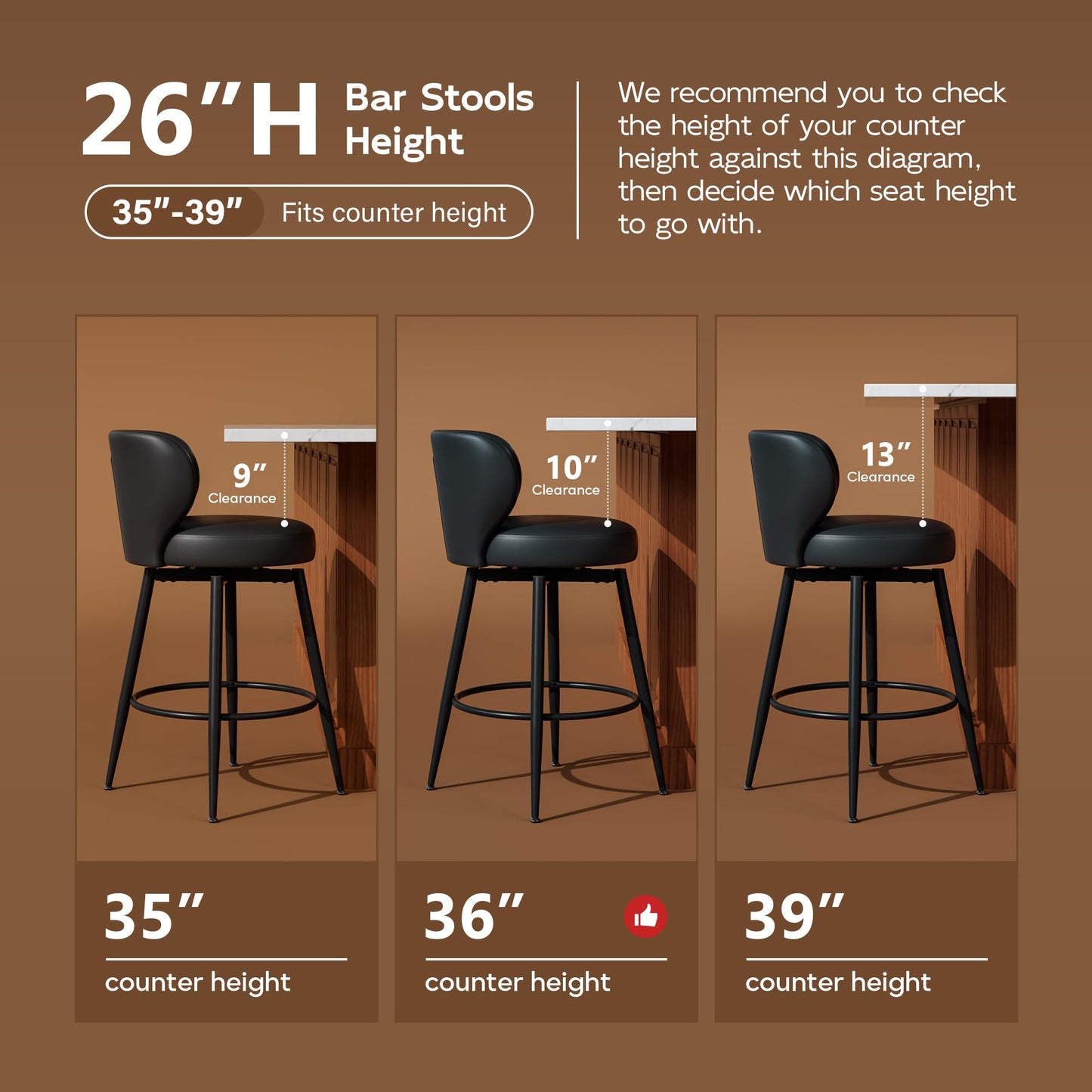 Sucrever Bar Stools Set of 4, 26" Counter Height Swivel Bar Stools, Upholstered Leather Barstools with Back Footrest Metal Legs, Stools for Kitchen Island, Home Bar, Dining Room Black