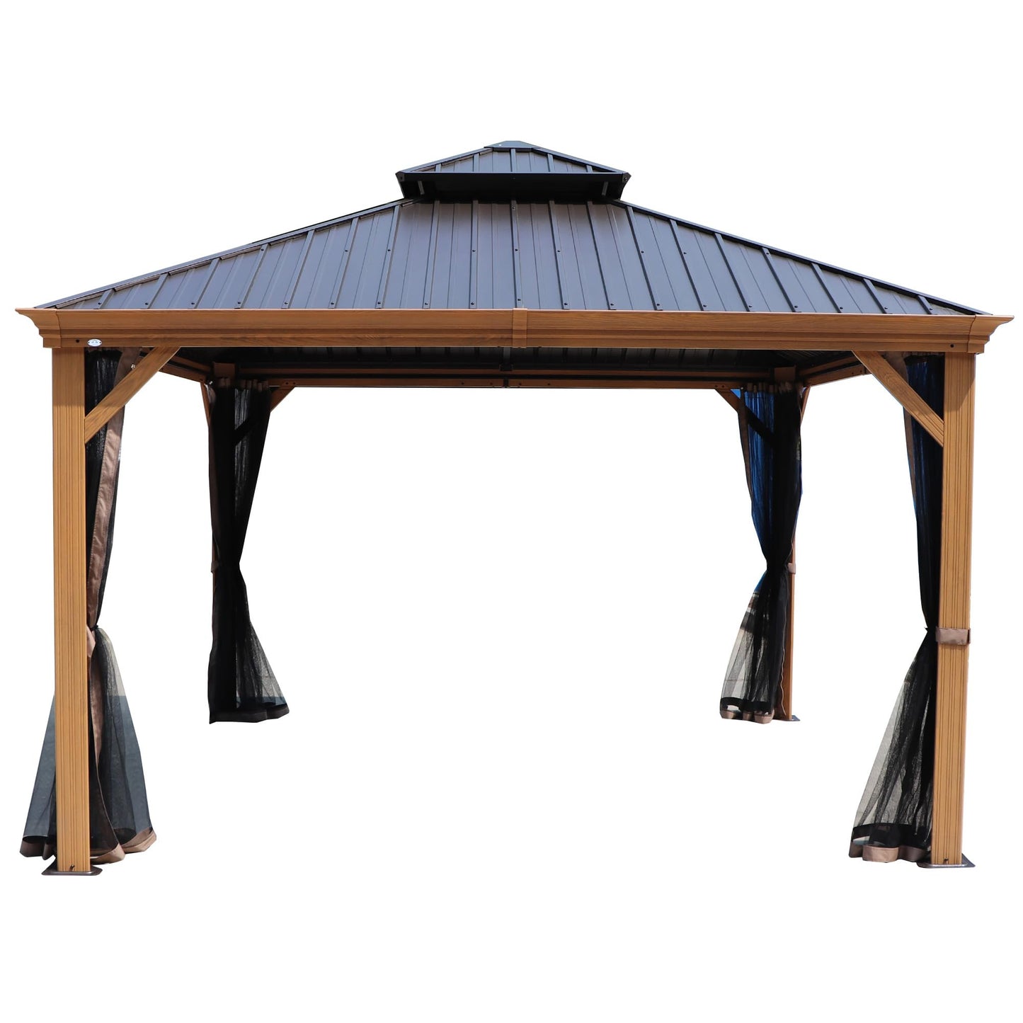 Kozyard Apollo 12’x12’ Hardtop Gazebo, Wooden Coated Aluminum Frame Canopy with Galvanized Steel Double Roof, Outdoor Permanent Metal Pavilion with Netting for Patio Lawn