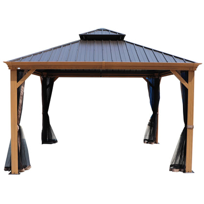 Kozyard Apollo 12’x12’ Hardtop Gazebo, Wooden Coated Aluminum Frame Canopy with Galvanized Steel Double Roof, Outdoor Permanent Metal Pavilion with Netting for Patio Lawn