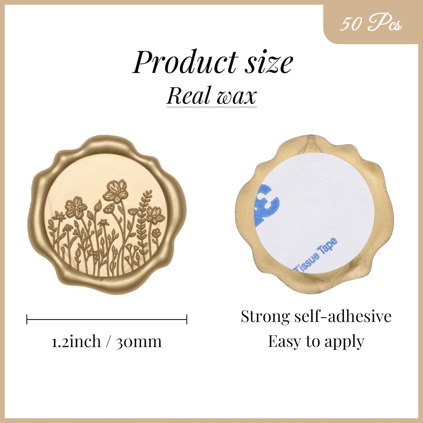 UNIQOOO Wildflower Wax Seal Stickers - Floral Wedding Invitation Envelope Seal Sticker, 50 Pcs Self- Adhesive Light Gold Field of Flowers Stickers, Perfect for Christmas, Gift Wrapping