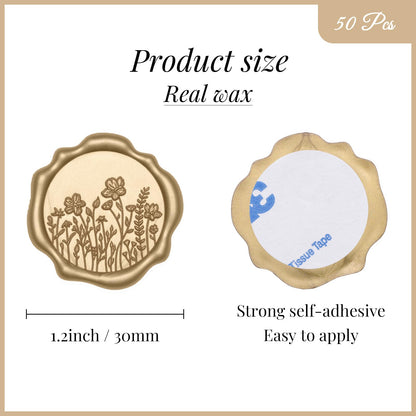 UNIQOOO Wildflower Wax Seal Stickers - Floral Wedding Invitation Envelope Seal Sticker, 50 Pcs Self- Adhesive Light Gold Field of Flowers Stickers, Perfect for Christmas, Gift Wrapping