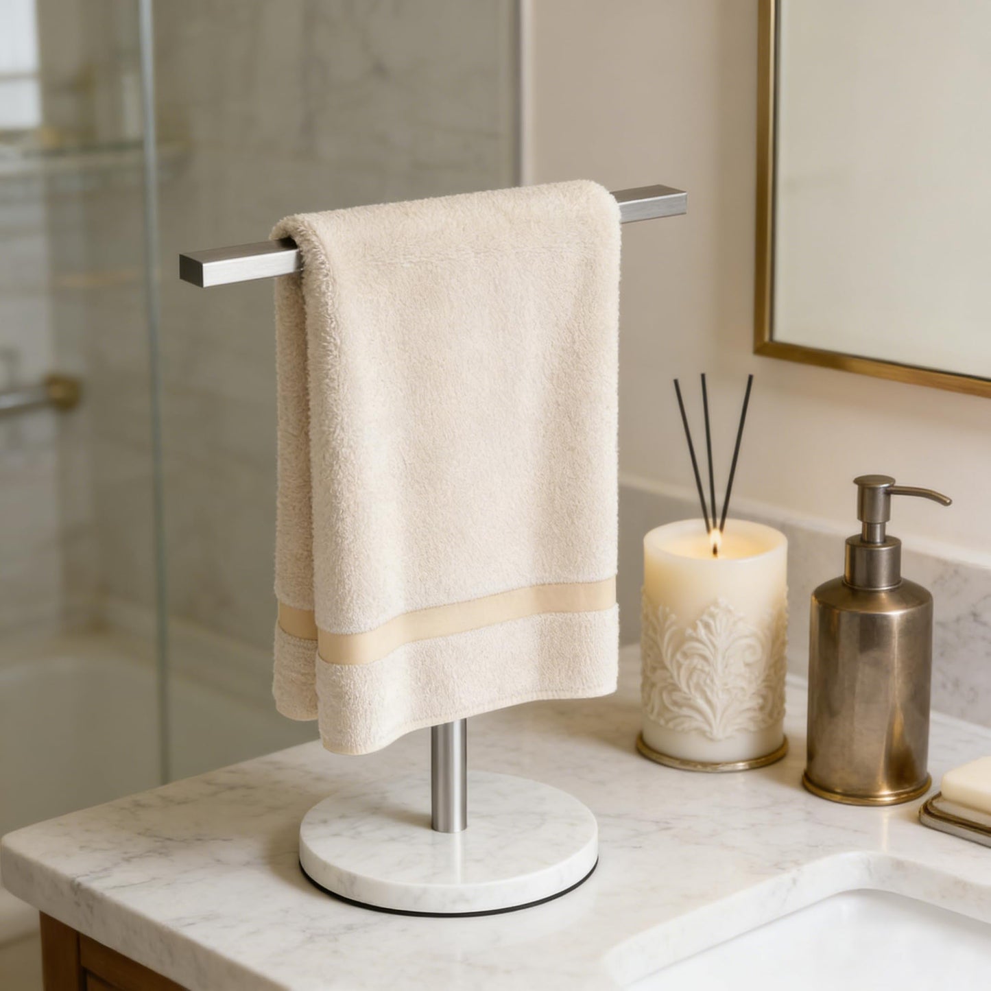 Gypie T-Shape Hand Towel Holder Stand with Heavy Marble Base, Stainless Steel Bathroom Countertop Towel Rack for Bathroom Kitchen, Brushed Nickel