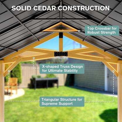 COOS BAY 13x15 Hardtop Gazebo with Cedar Wood Frame, Post-and-Beam Gazebo Shelter, Galvanized Steel Gable Roof Outdoor Pavilion for Garden, Lawn, Poolside, Patio, Deck, Natural Wood/Black