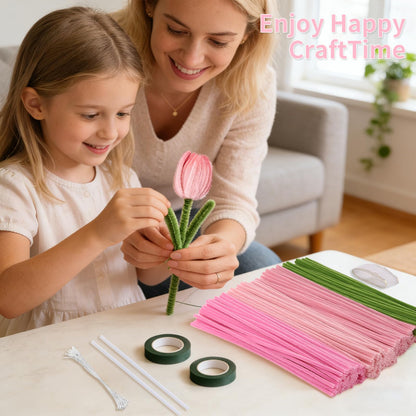 400PCS Pipe Cleaners Craft Kit, DIY Flower Making Supplies with Chenille Stems, Floral Wires, Glue Sticks, Gardening Tape, Stamen & Ribbon, Creative Handmade Mothers Day Gift, Art and Craft Supplies